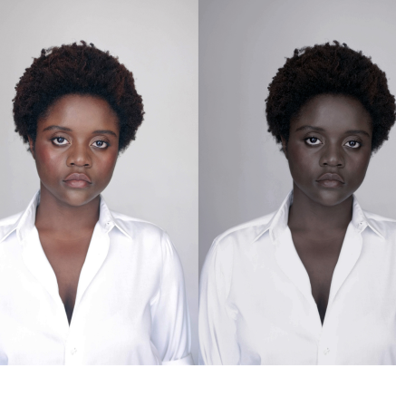 Two photos of the same Black person are placed side by side above a white bar. In the photo on the left the person appears to have lighter skin than the photo on the right.