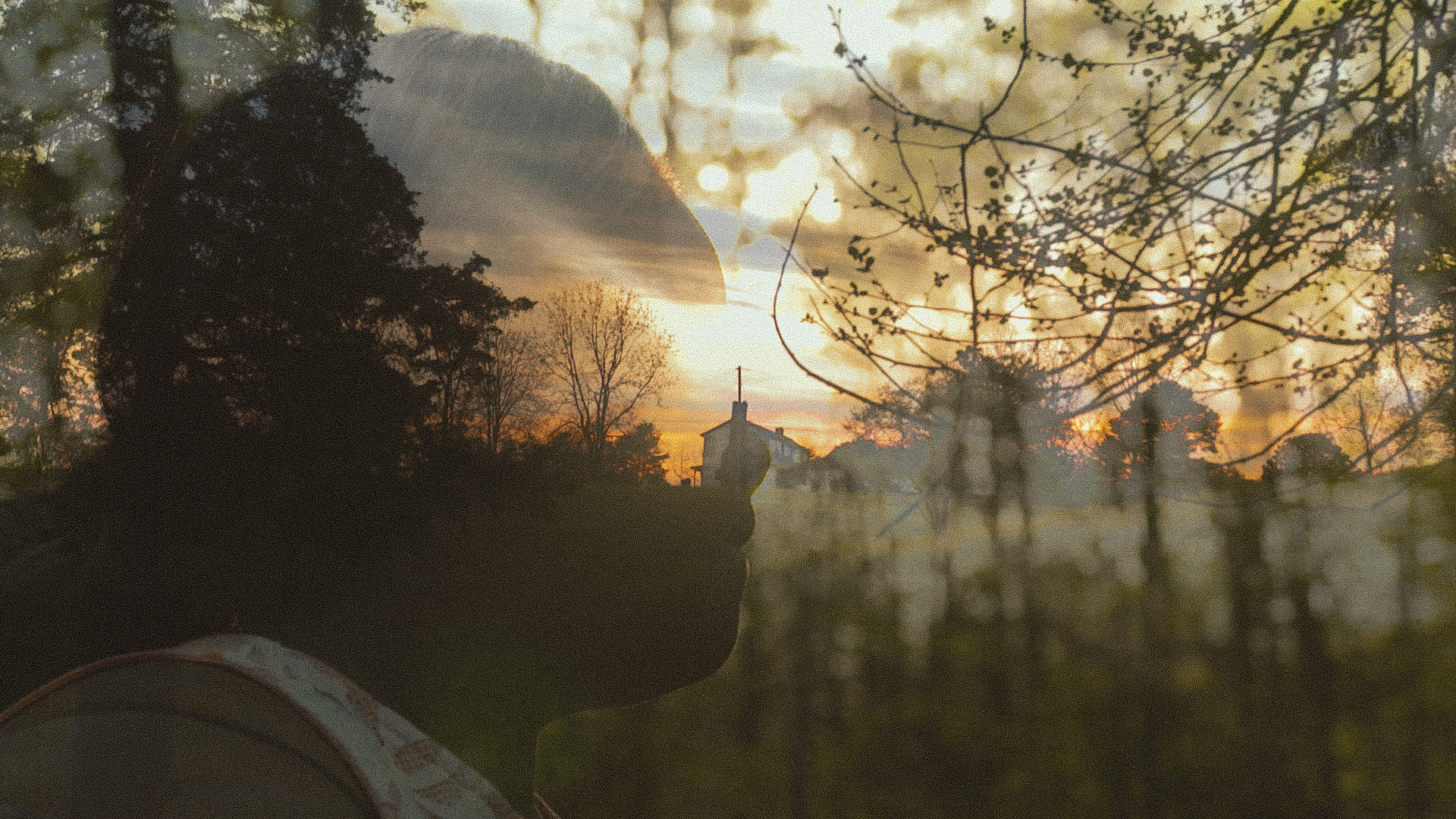 A still from ...that's why He made momma. It is a double exposure of a woman's profile on top of landscape shot of a field with trees on either side and a white house in the middle.