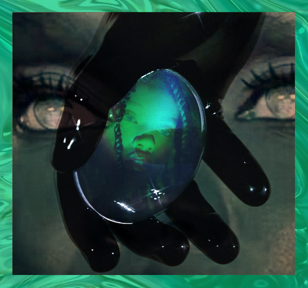 A still from MAMABABY. It shows a collage of images, in the background is a close up of a young girls face, on top is a black metallic hand, it is holding a glass globe with the image of a young girl inside. There is a green tint over everything.