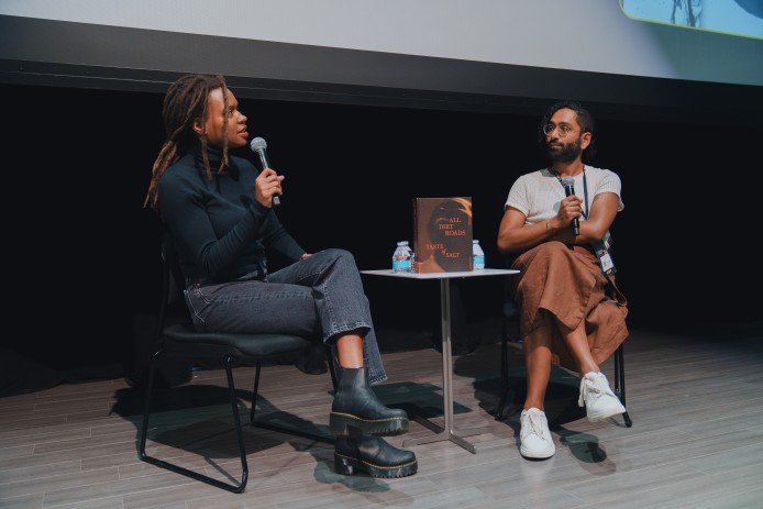 A photo of Imran Siddiquee and Raven Jackson in conversation at the 2024 William and Louise Greaves Filmmaker Seminar.