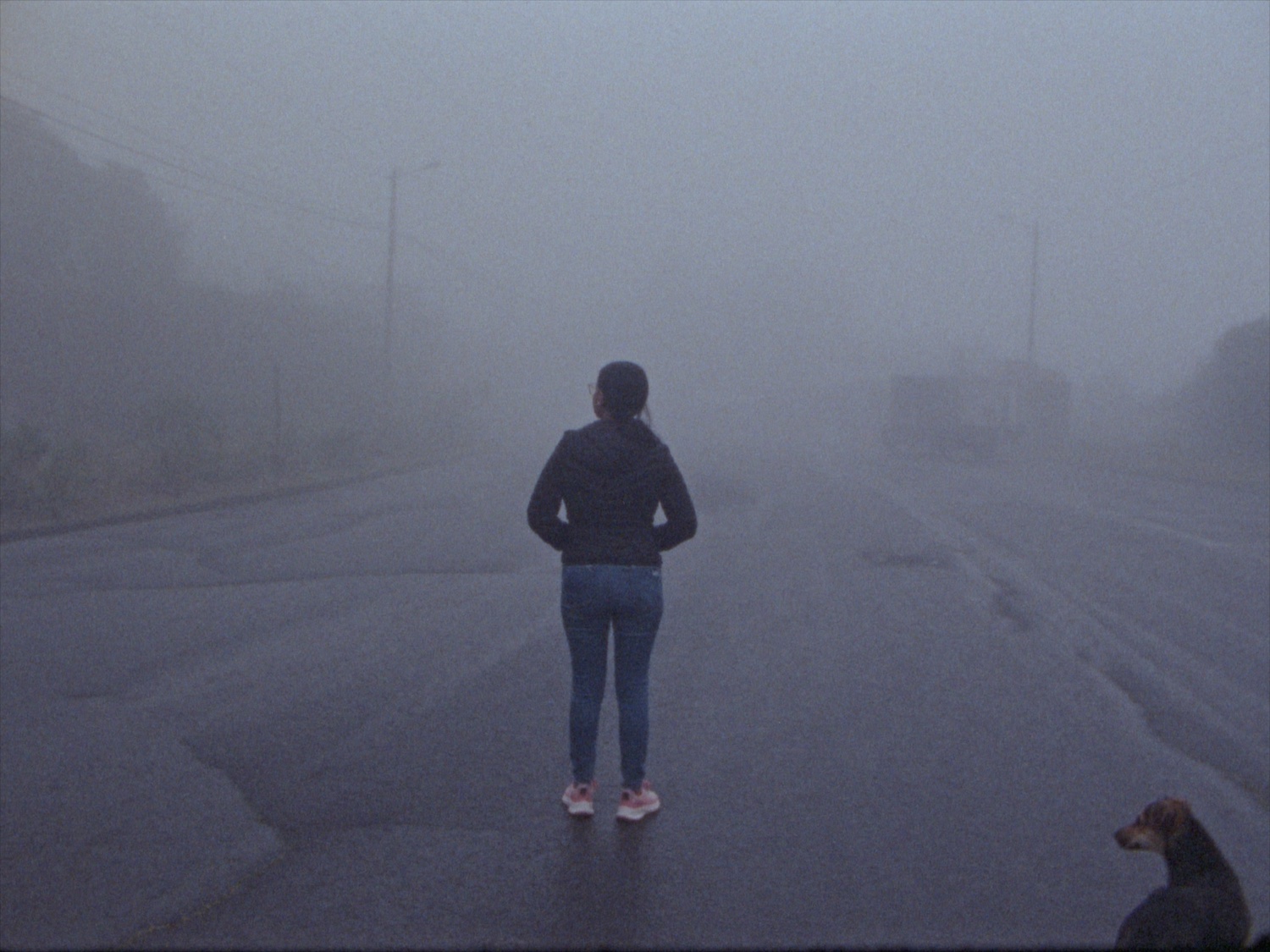 A still from Tonada Menguante shows a woman standing in the middle of a foggy road. Their back is turned to us.