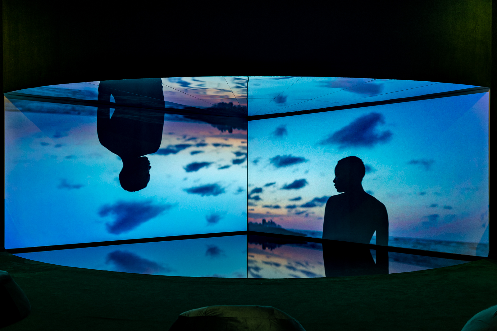 A photo of the installation of Terence Nance: Swarm shows a two panel screen projecting the same video, of a shadowed figure against a blue sky, but one is upside down. In front is a pool of water that reflects the images as well.