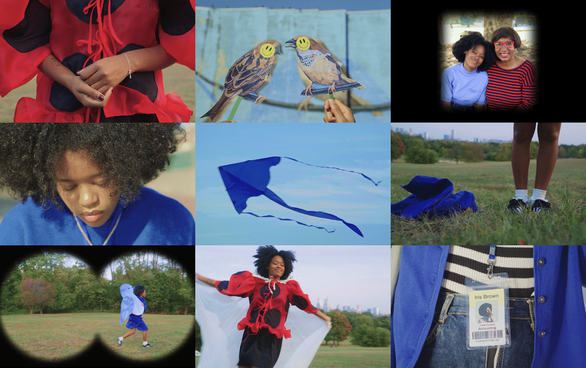 A grid with stills from Ladybug. They show a young Black girl, she is running through a grassy field in one, posing with her grandmother in another, flying a blue kite, clasping her hands.
