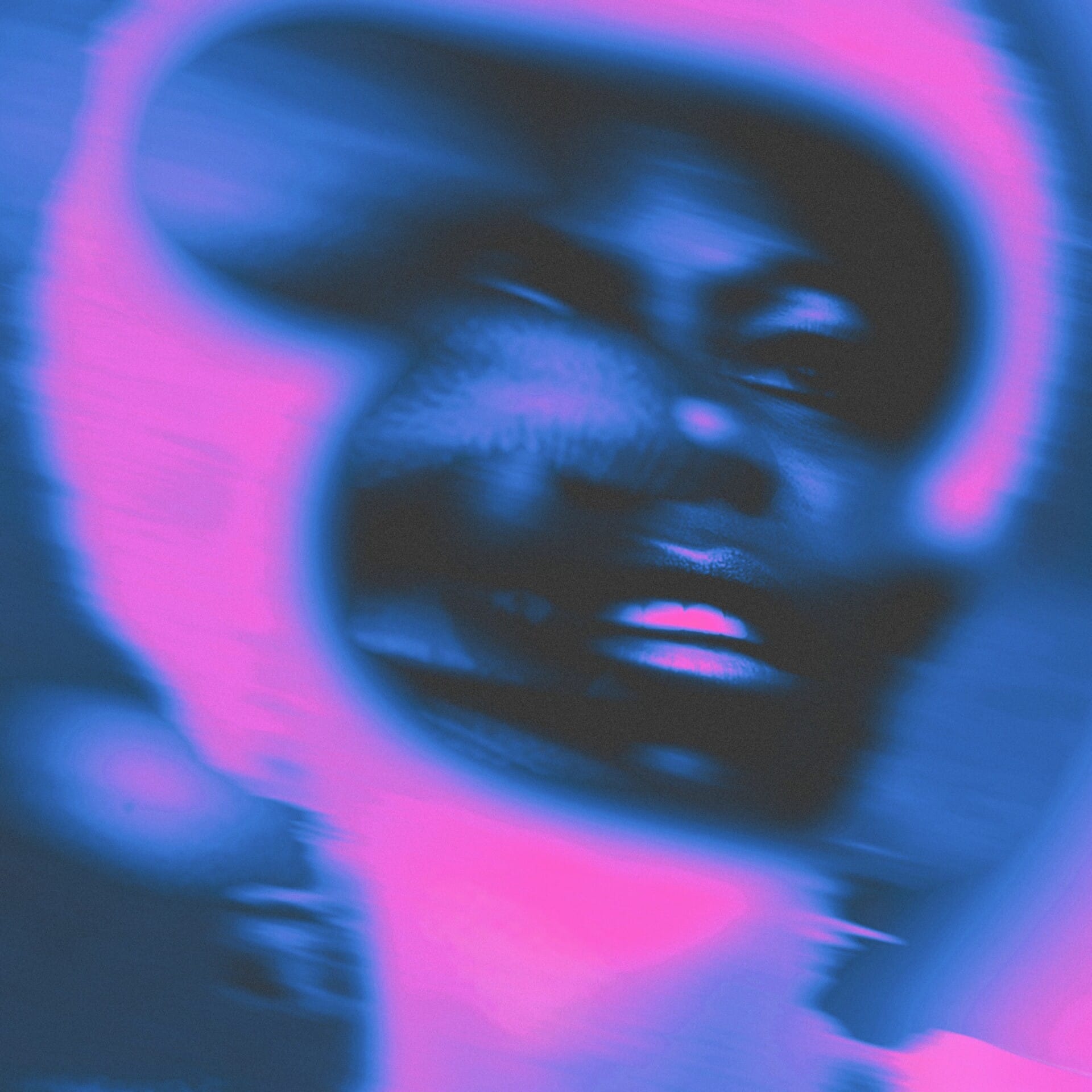 A blurred rendering of Nina Simone’s face washed in a deep blue and neon pink.