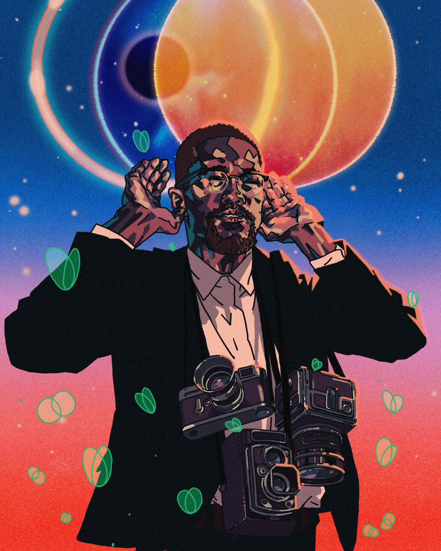 A futuristic illustration of Malcolm X standing with his hands near his ears as if he is beginning to pray. Three film cameras float in front of him.