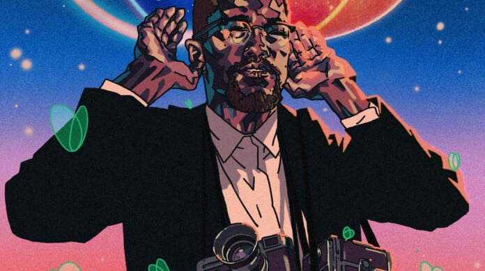 A futuristic illustration of Malcolm X standing with his hands near his ears as if he is beginning to pray. Three film cameras float in front of him.