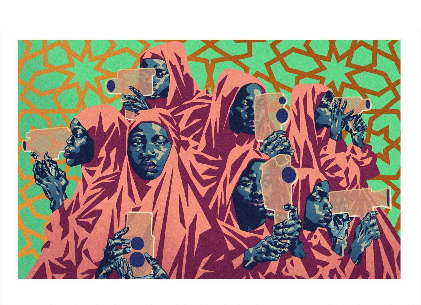 A colorful futuristic illustration of three Black hijabi women holding transparent outlined film cameras.
