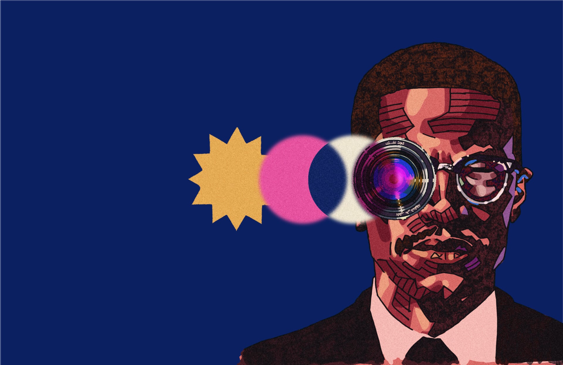 An illustration of Malcolm X from the shoulders up against a navy blue background. He is adorned with different shapes emulating a camera flash.
