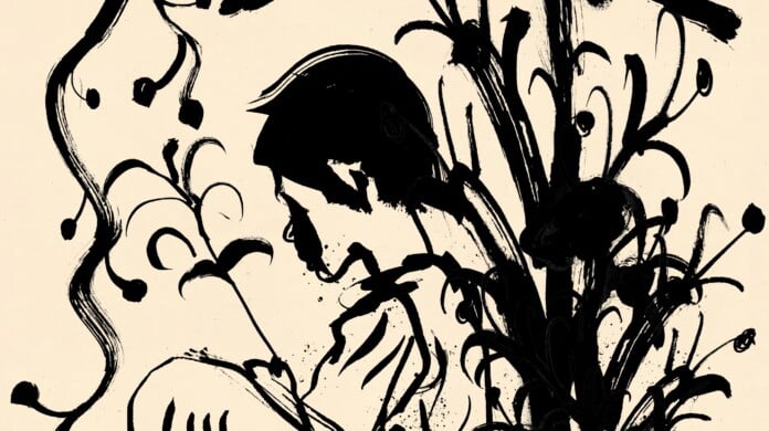 An illustration of a person sitting on the ground with their legs crossed. They are surrounded by tall plants.