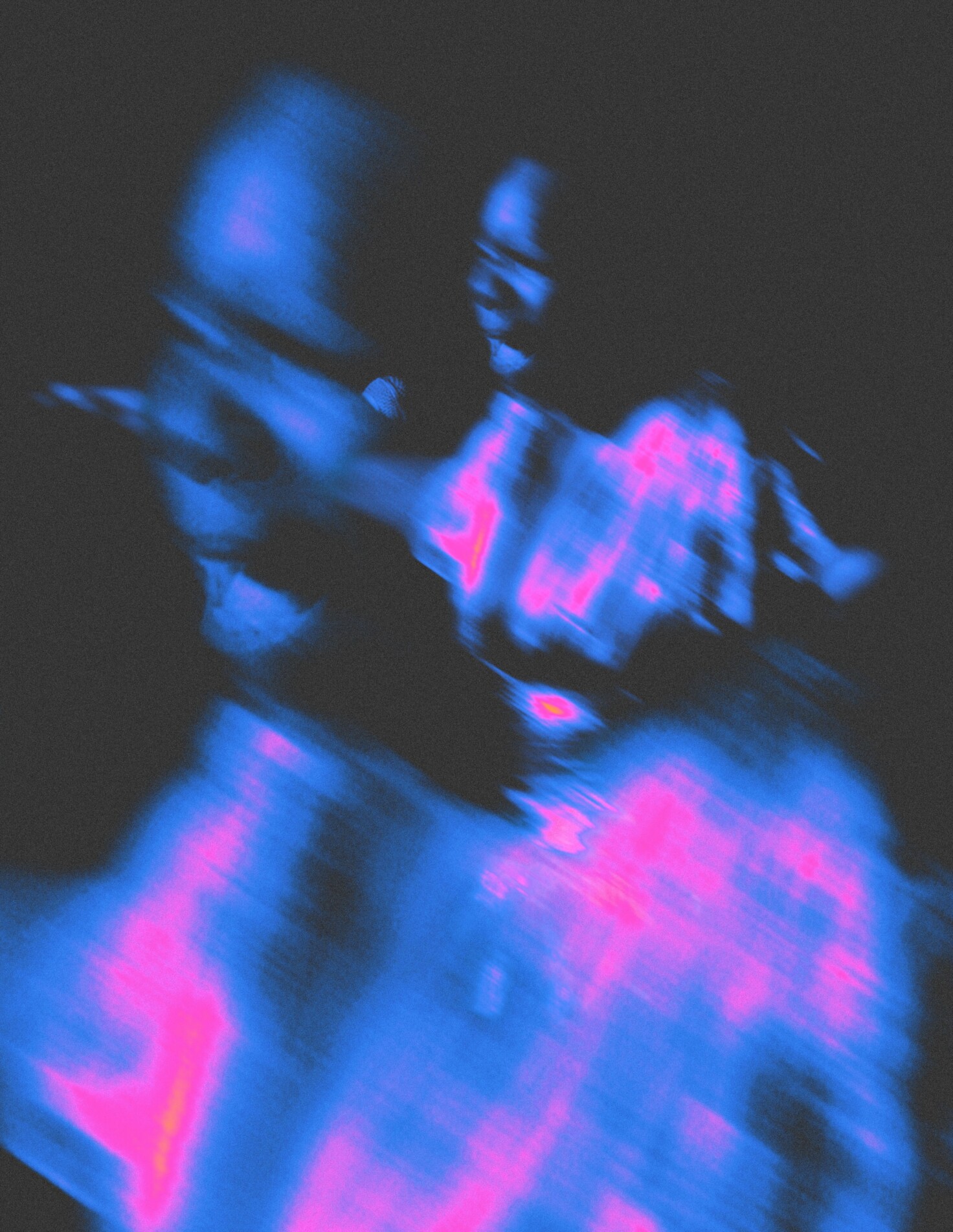 A blurred rendering of two Nina Simones singing washed in a deep blue and neon pink.