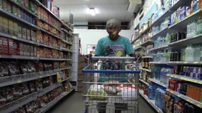 A film still from Hosts for Half a Century shows an older Asian man wearing a face mask pushing a shopping cart filled with groceries down an aisle of a grocery store.