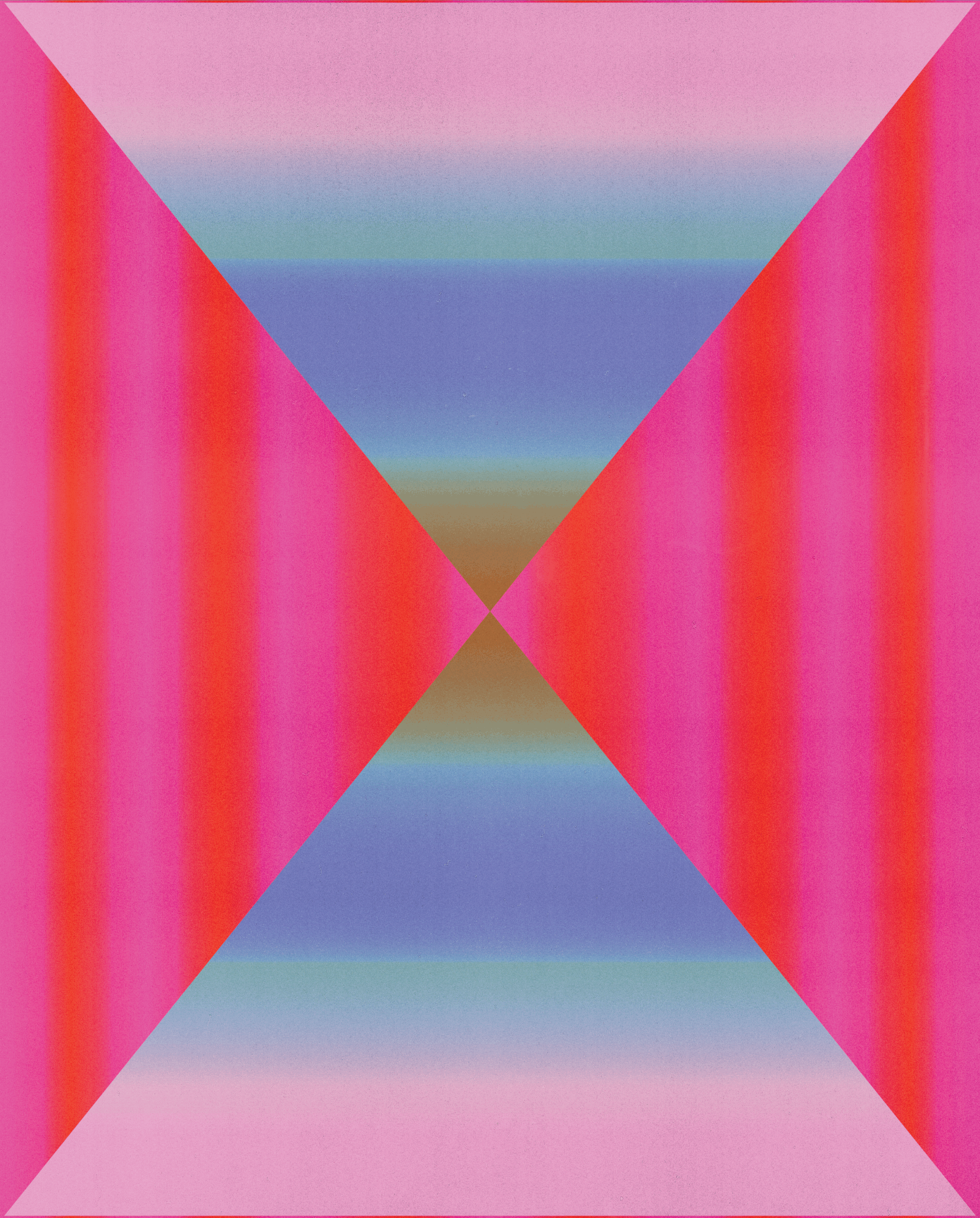 Four triangles. Two of them, from the side, have pink and red hues facing each other, and the other two, from the top and bottom, have colorful rainbows that also face each other.