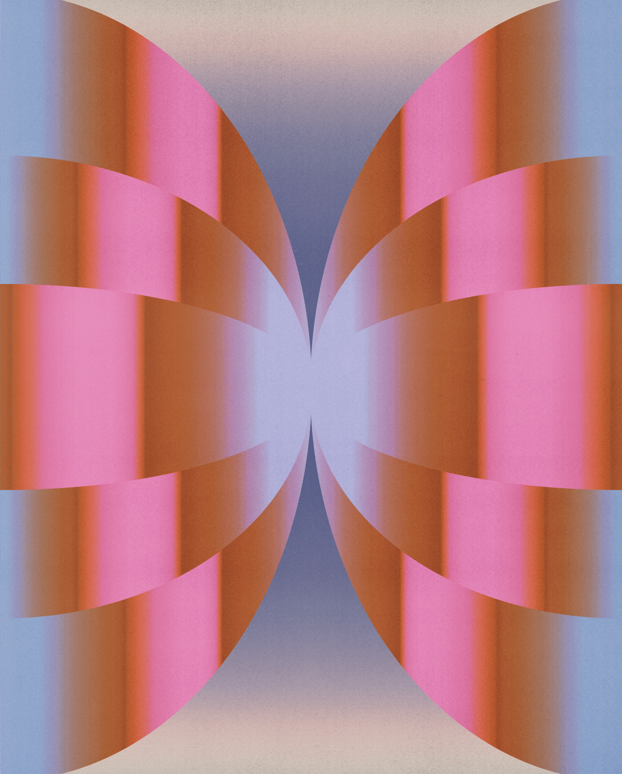 Abstract geometric half circles facing each other with pink, brown, and blue stripe patterns.