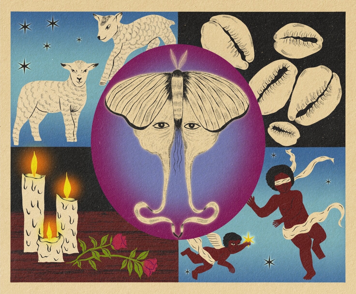 A collage featuring images that look like tarot cards. In the top left are two sheep with black stars. The top right shows seashells on a black background. On the bottom left are three candles with two roses on the side. On the bottom right, two Black angels are floating, one holding a star and the other’s eyes are blindfolded. In the center is an abstract illustration of a butterfly with eyes on its bottom wing.