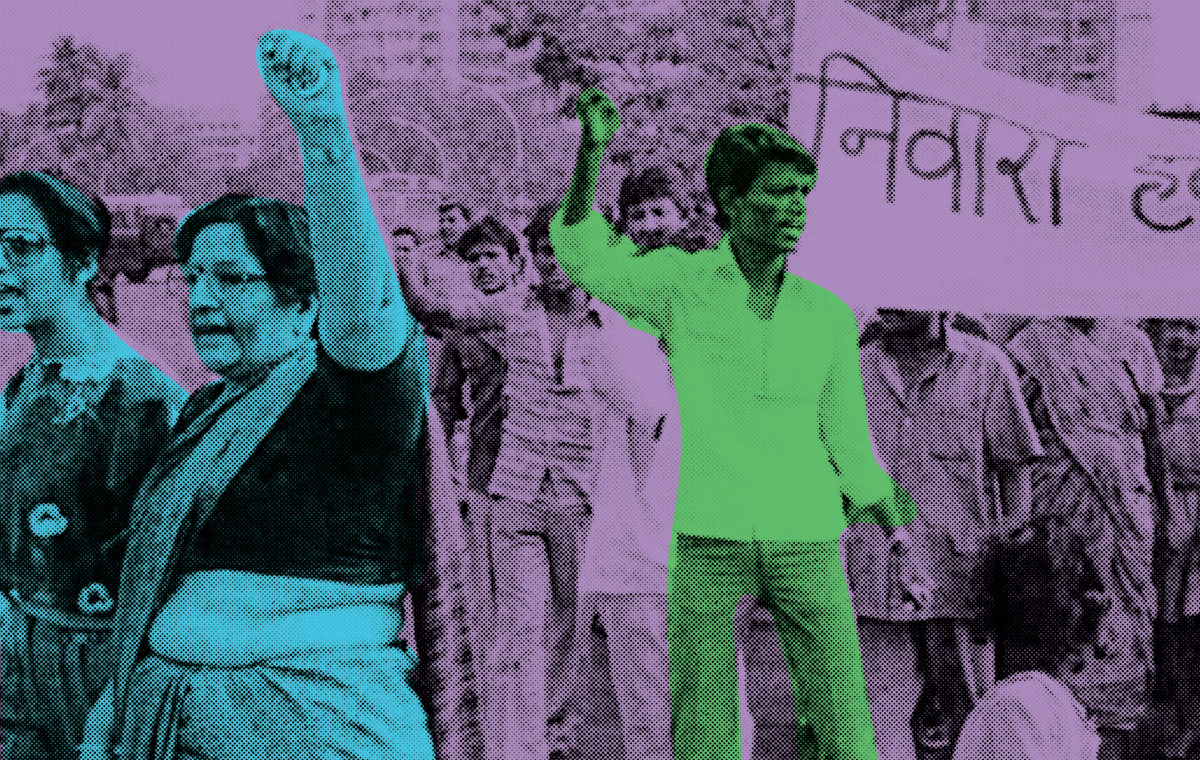 The top image features a protest; two Indian women are protesting and walking away to the left, while a man holds up one of his arms. The bottom half is a page from an Indian newspaper.