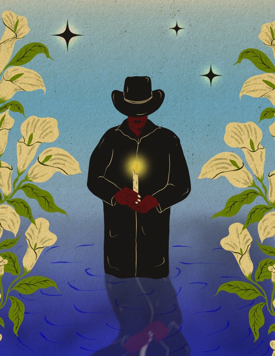 Illustration of a man in all black attire holding a candle. He is standing on water with flowers bordering the sides and black stars above him.