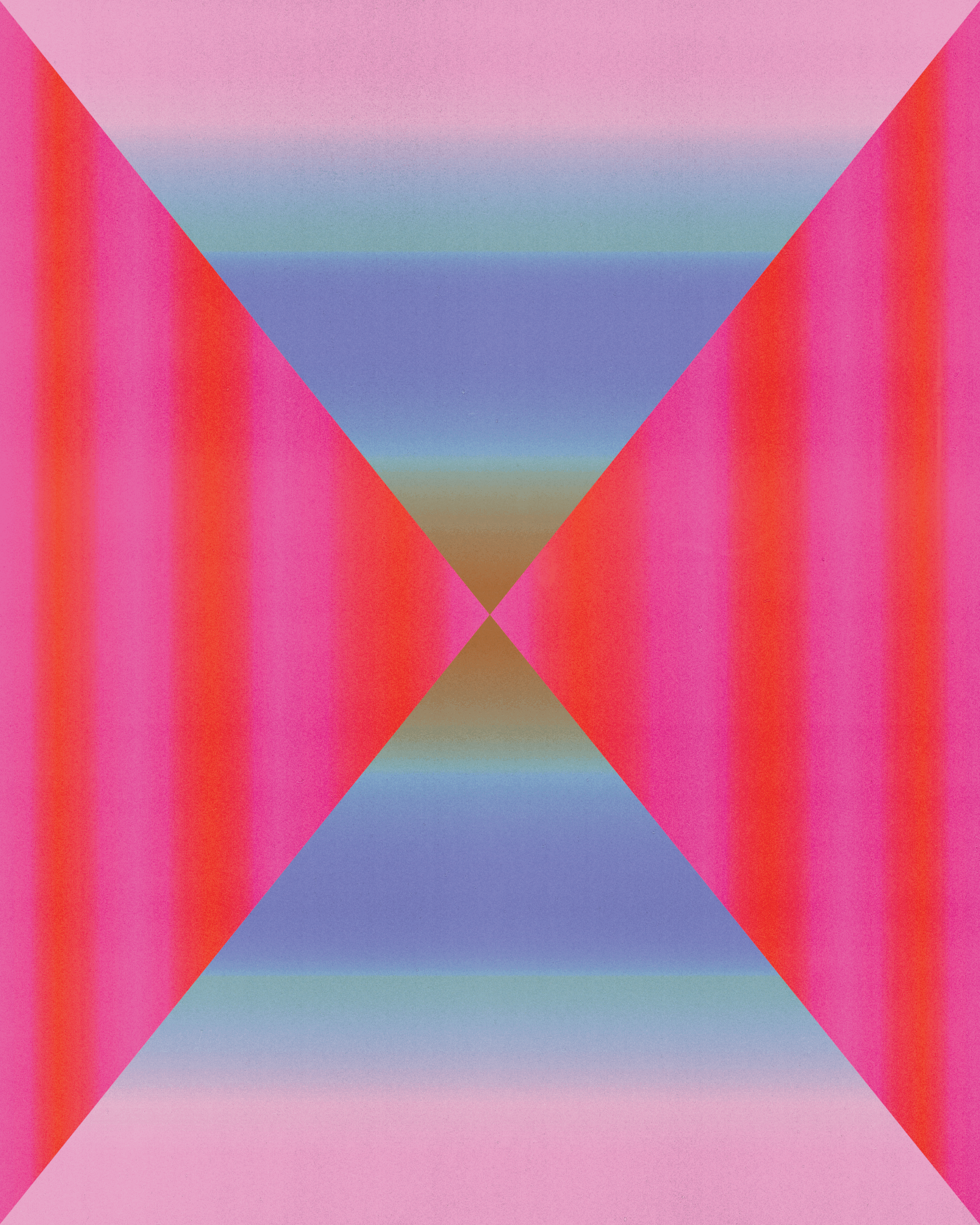 Four triangles. Two of them, from the side, have pink and red hues facing each other, and the other two, from the top and bottom, have colorful rainbows that also face each other.