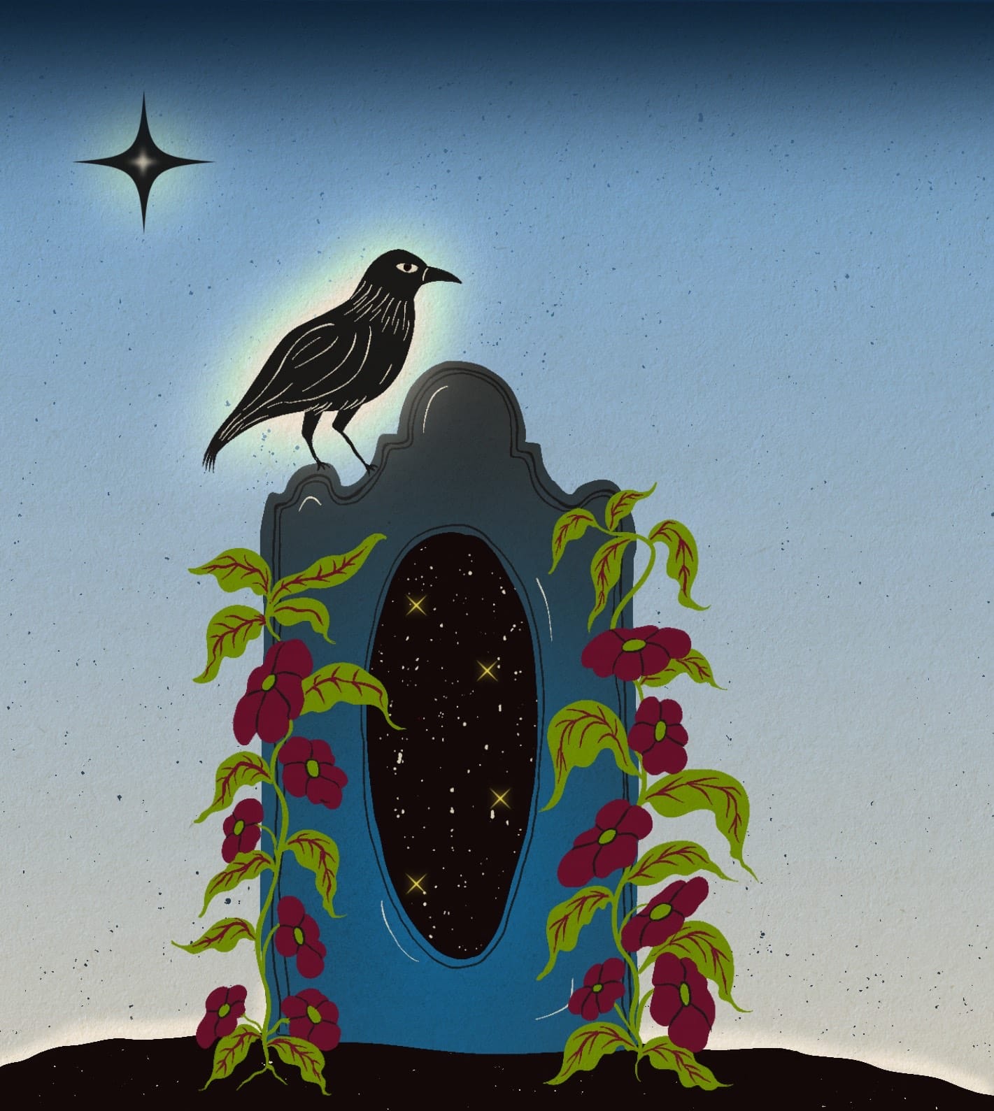 An illustration of a crow on top of a gravestone with flowers surrounding it. In the middle of the gravestone is a black oval-shaped hole that looks like a portal.