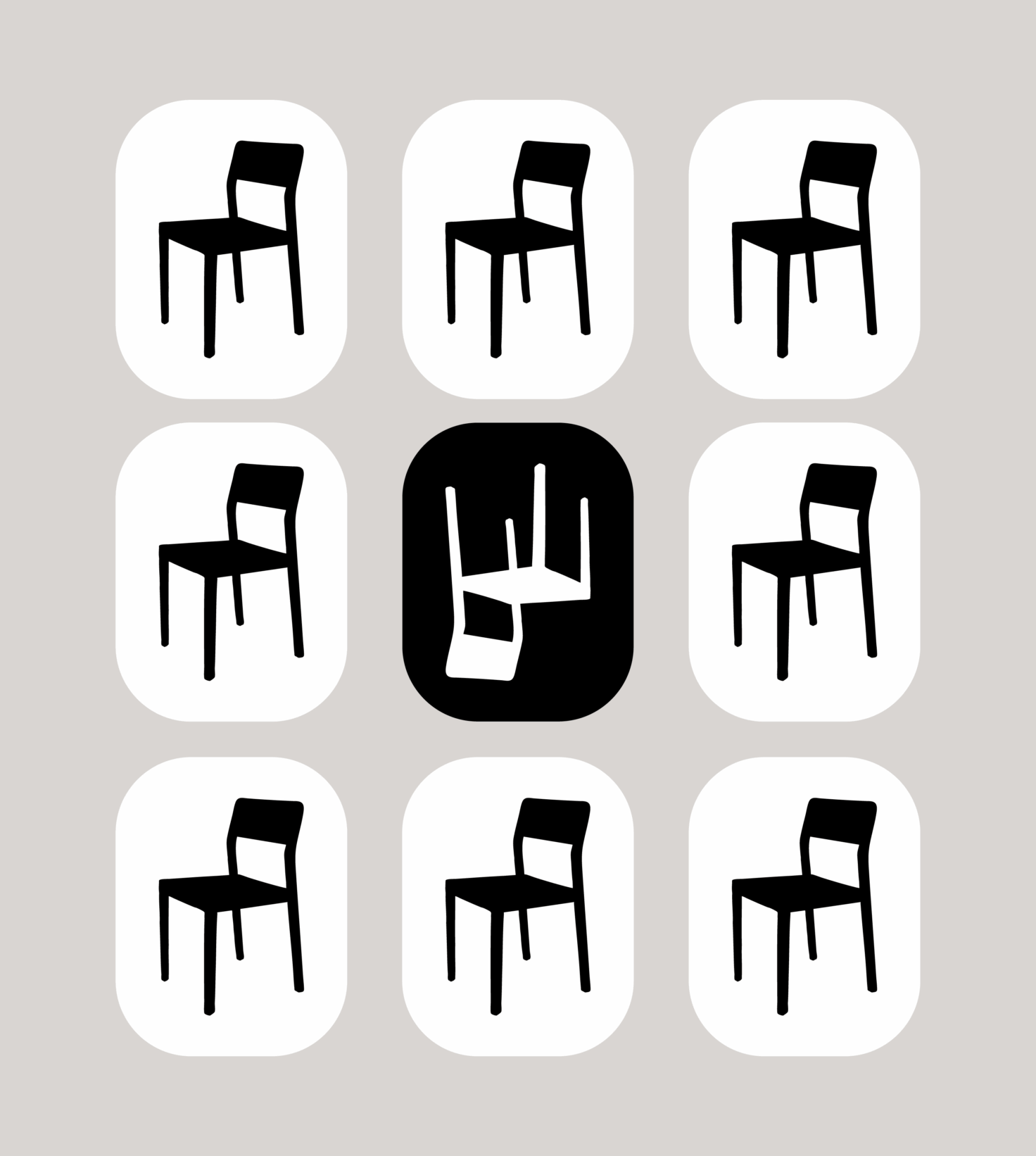 Eight black chairs with white bubble backgrounds and one white chair with a black bubble background are arranged in rows of three. The one in the middle of the page is the white chair and it is upside down.