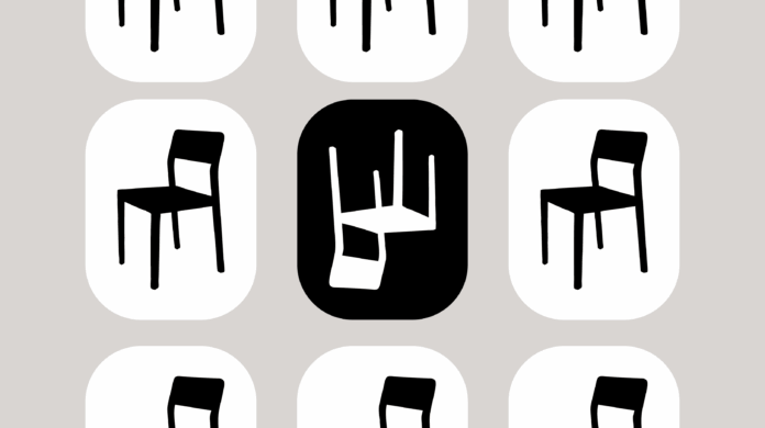 Eight black chairs with white bubble backgrounds and one white chair with a black bubble background are arranged in rows of three. The one in the middle of the page is the white chair and it is upside down.