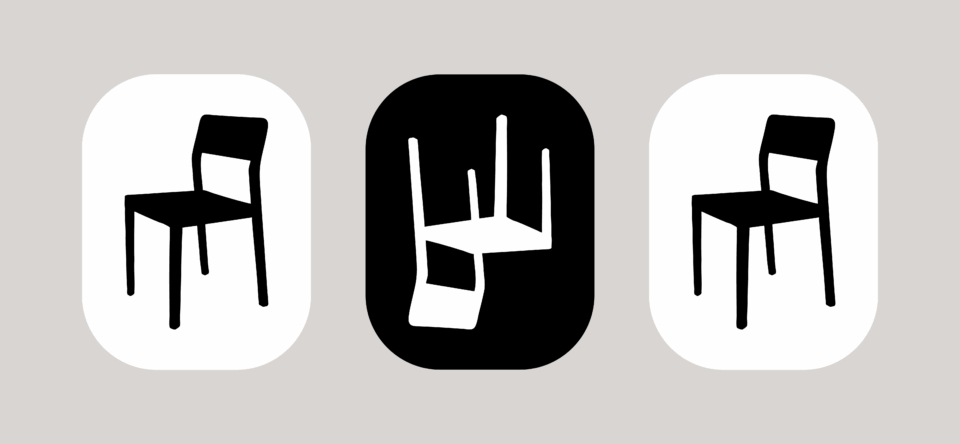 Three chairs in a row with white bubble backgrounds except the one in the middle which has a black bubble background. The chair in the middle is a white chair and it is upside down.