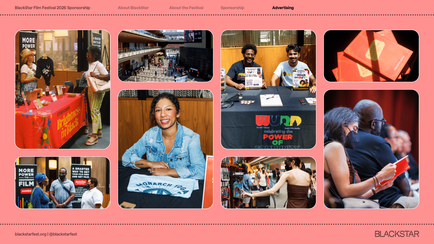 A collage of photos from the 2025 BlackStar Film Festival of people tabling, print materials and more.