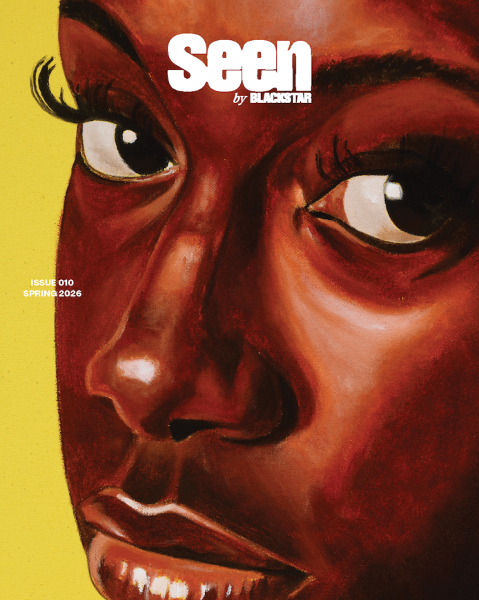 The cover of Seen Issue 010. It is a reimagined painting of the Girl with a Pearl Earring featuring a Black girl looking directly at the camera with a strong gaze. She has long, detailed eyelashes, and her expression is calm but intense. Overlaid on top is the “Seen” logo.