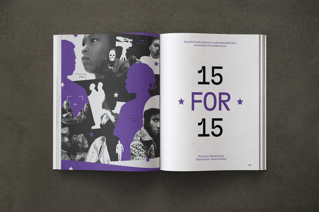 A mock-up of a spread from Seen 010. On the left side is a collage of faces and people, colorized black, white, and purple. On the right is text that says "15 for 15. Written by Nehad Khader."