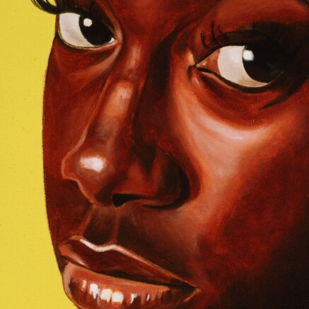 A reimagined painting of the Girl with a Pearl Earring featuring a Black girl looking directly at the camera with a strong gaze. She has long, detailed eyelashes, and her expression is calm but intense.