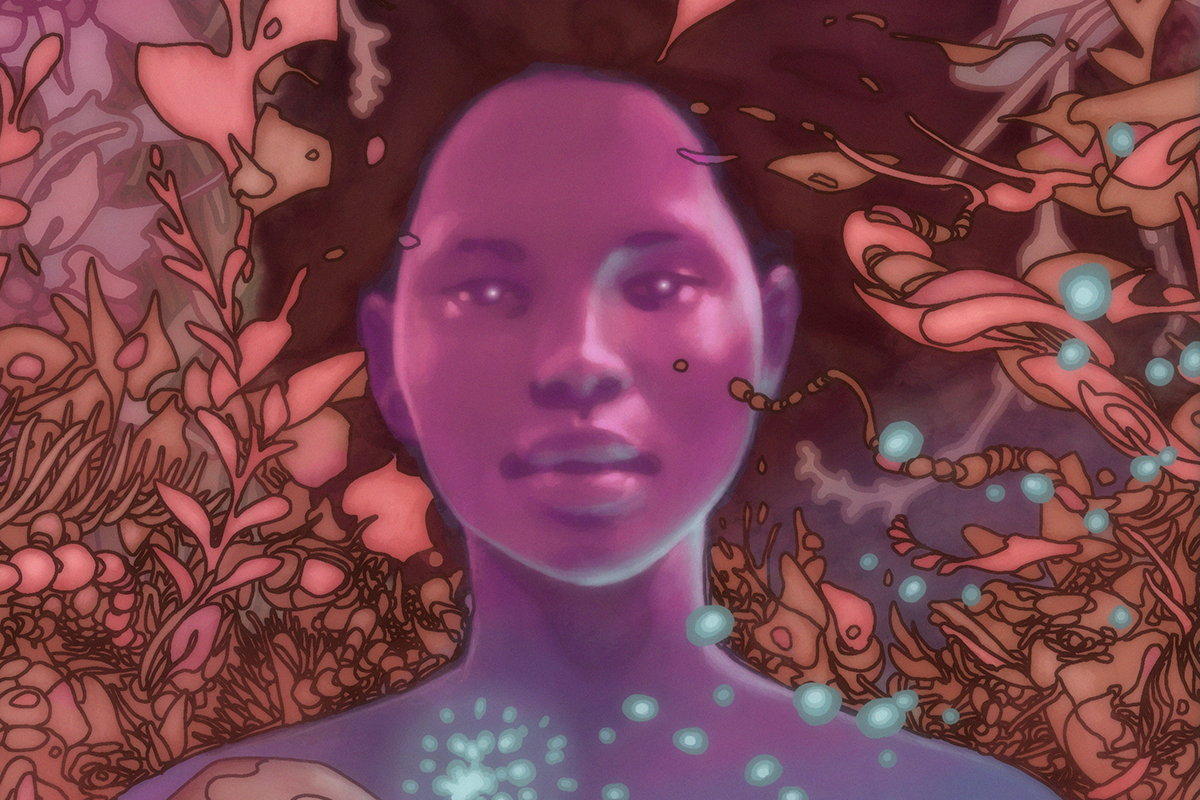 Artwork from the 2020 BlackStar Film Festival. It depicts an electric blue and magenta woman surrounded by plants of the same shades. The woman looks serene and focused.