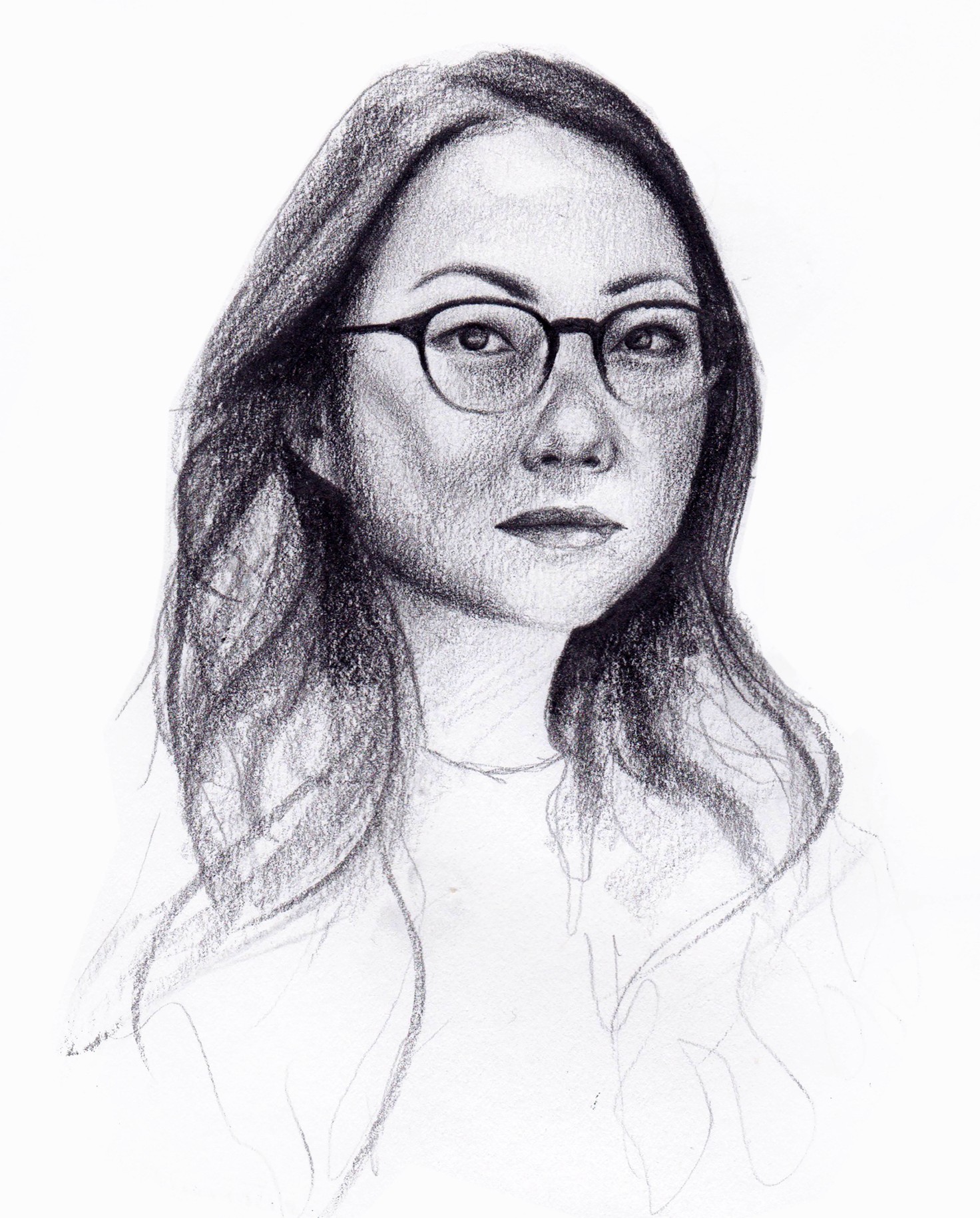 Portrait by Tatyana Fazlalizadeh. The drawing features a woman with flowing hair and rimmed glasses. She looks forward, unsmiling with lightly arched eyebrows.