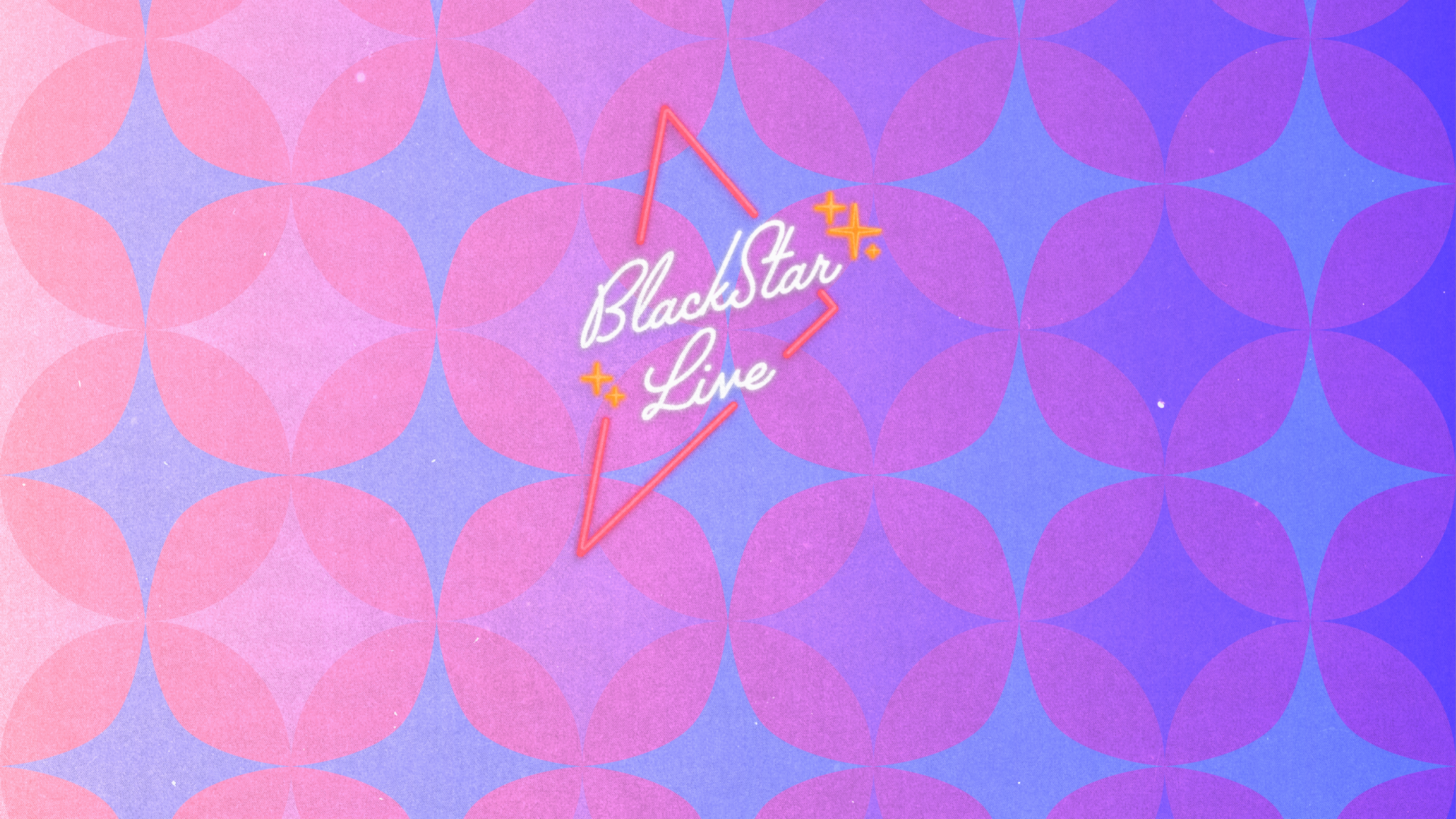 BlackStar Live logo (a retro 70s vibe, sparkling stars around it, neon lights feels). Purple, blue, and pink colors.