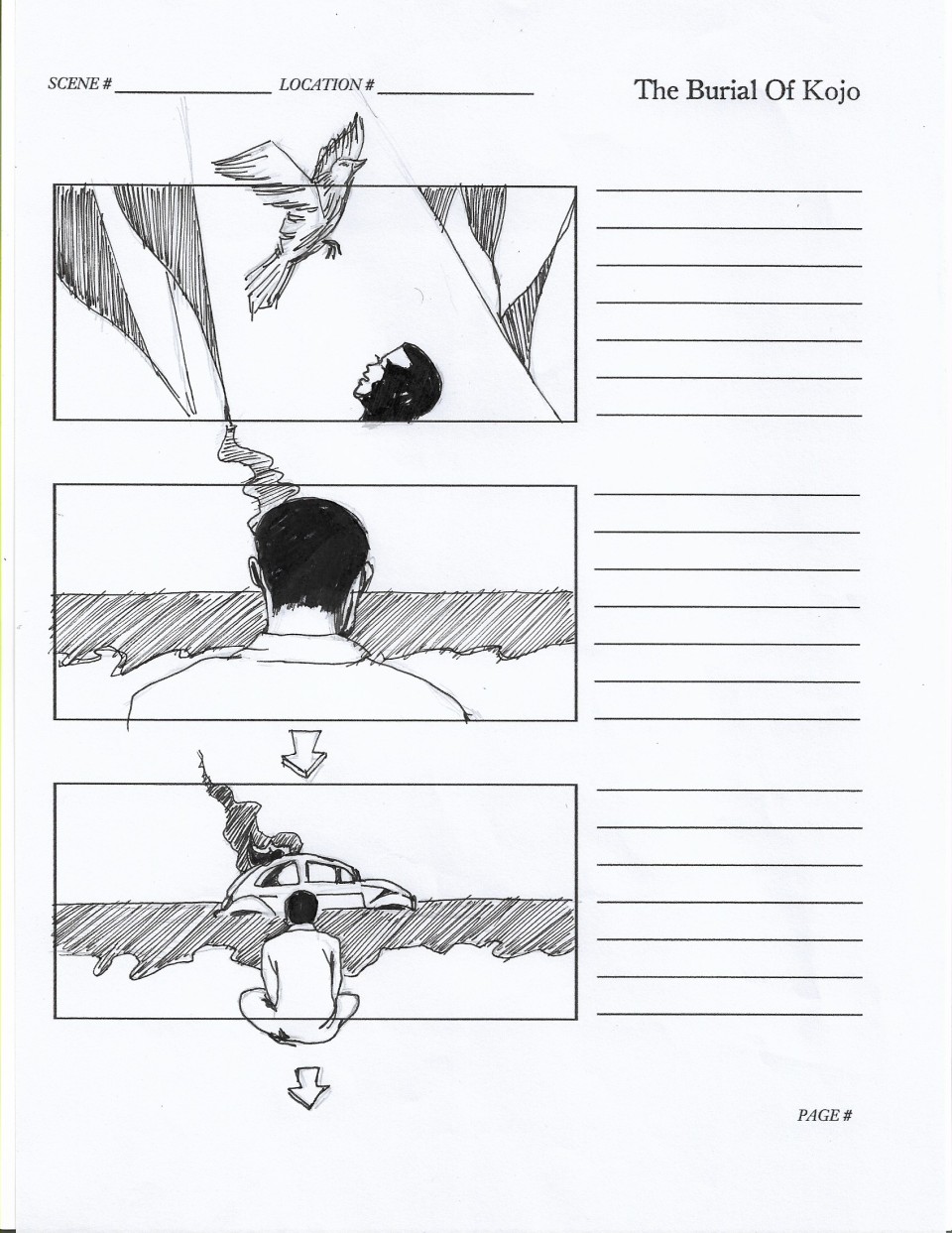 Storyboard from the film "The Burial of Kojo" shows three drawings of a person sitting on a beach. Lines for notes and captions are included next to each sketch.