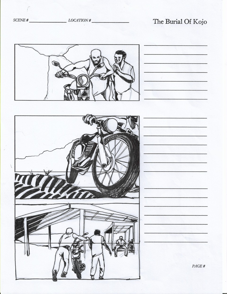Storyboard from the film "The Burial of Kojo" shows three sketched scenes from the film. The drawings depict two men pushing a motorcycle down a road. Each of the three drawings has blank lines next to them for notes and captions.