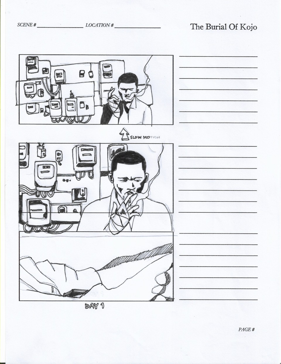 Storyboard from the film "The Burial of Kojo" shows three sketches of a person lighting a cigarette in front of a wall filled with miscellaneous items.