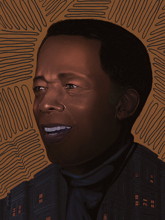 Original artwork by Donte Neal is an illustration of William Greaves' head, with mouth slightly open, looking to the left. A bit of his clothing is also depicted, in blues and browns, and the head illustration is surrounded by black sguiggly lines on top of a light brown background.