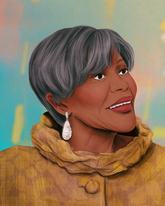 A portrait of late actress Cicely Tyson, done by Manjit Thapp. The portrait features Tyson wearing a cowl-neck style jacket and a pair of dangling crystal teardrop earrings. A pastel blue, yellow, and pink background contrasts with her short silver hair.