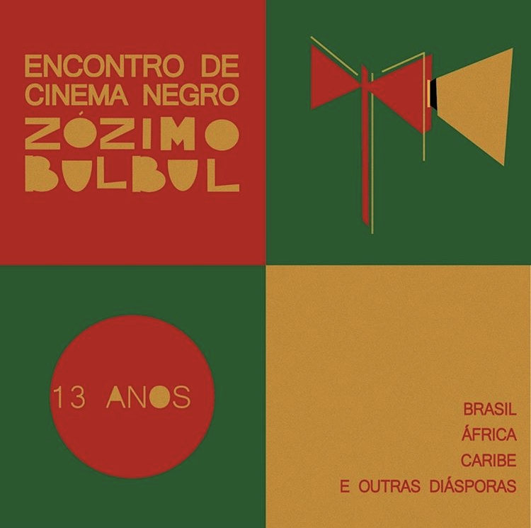 A square graphic in the colors green, red and yellow announces and event titled "Encontro de cinema negro: Zózimo BulBul" (Translation: "Black Cinema Meeting: Zózimo Bulbul."