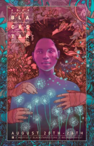 The 2020 BlackStar Film Festival Poster. The poster depicts an electric blue and magenta woman surrounded by plants of the same shades. The woman looks serene and focused.