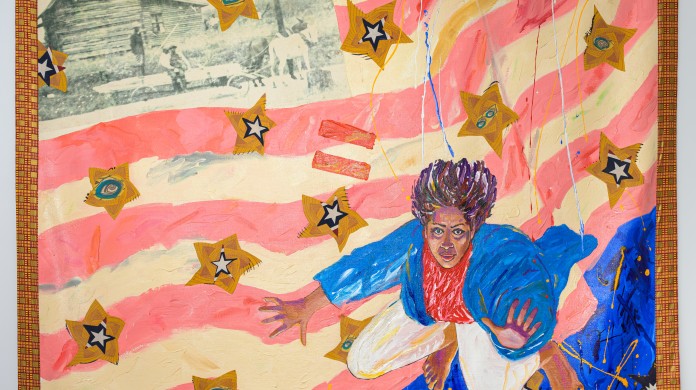 A Black person floats, as if falling down through the air, in front of a version of an American flag.