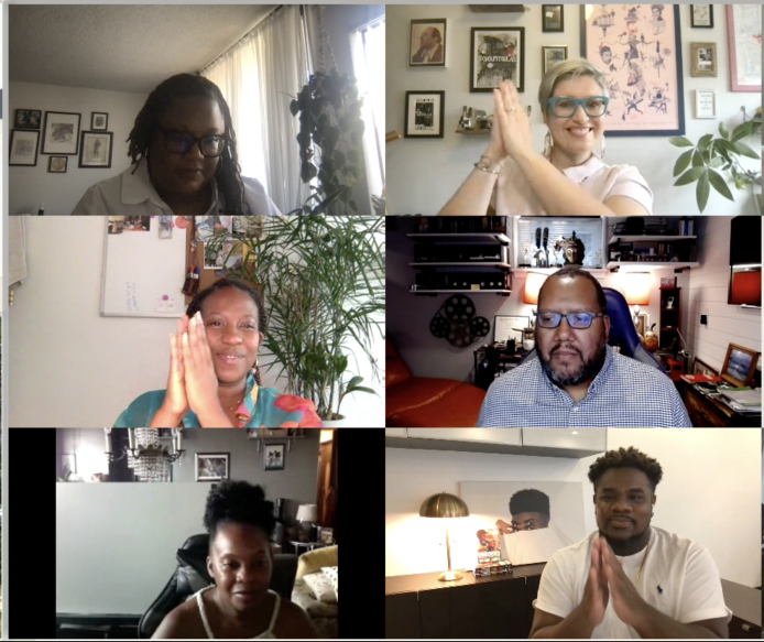 A screenshot shows 11 people in a virtual meeting setting, with two larger squares on the left - the host and participant - and the 9 smaller squares on the right reacting to something that was said (many are clapping).
