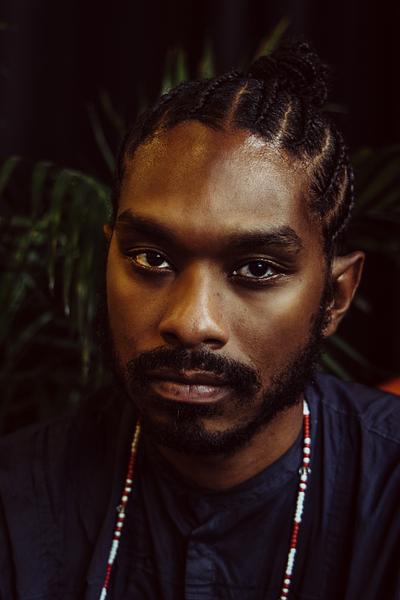 A headshot of Terence Nance. He is looking directly at the camera with a serious expression. His hair is in cornrows and he is wearing a beaded necklace.