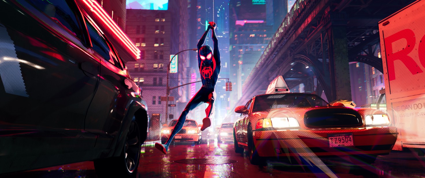 Still from Spider-Man: Into the Spidervese. I black and red suited Spiderman swings through an animated New York City.
