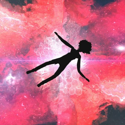 A still from the film An Oversimplification of Her Beauty (2012) by Terence Nance is an animated frame of a person seemingly falling through space, though the space is red, purple, and pink.