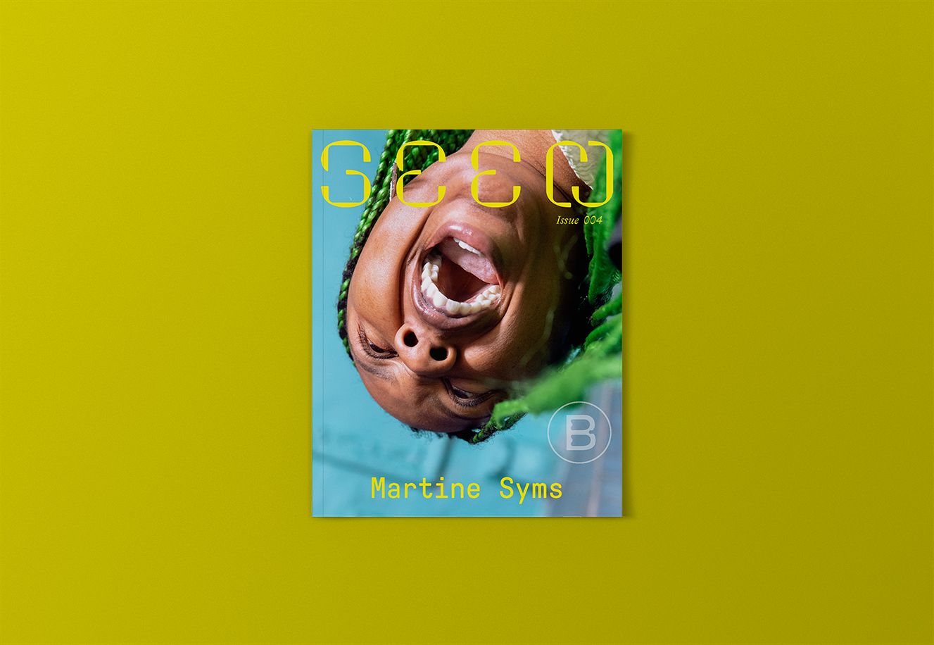 Seen 004 cover image. Order and subscribe. A black closeup image of a Black woman with her mouth is open. She has neon green braids and is photographed against a neon blue background. The cover title and text is rendered in neon green.