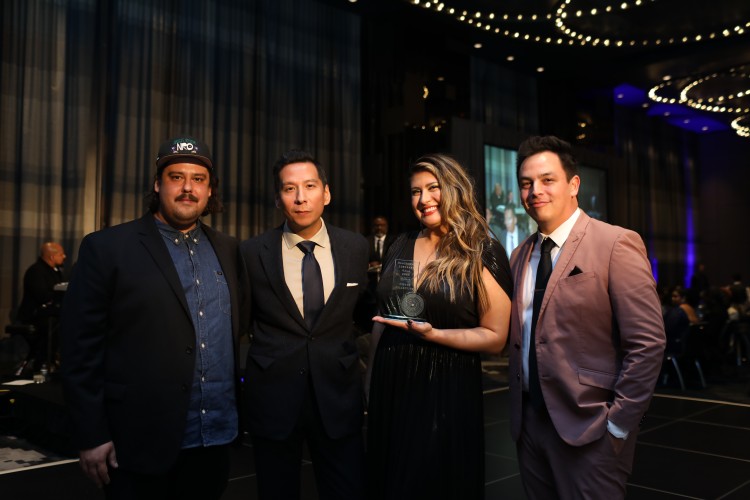 Honorees (left to right) Adam Khalil, Sky Hopinka, Alexandra Lazarowich, and Adam Piron pose with their 2023 Luminary Award. Photo by Dominique Nicole.
