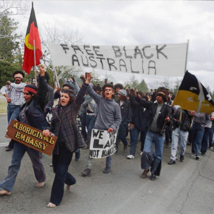 A still from Still We Rise shows a a group of protesters marching, many are holding their fists in the air, some are carrying signs that read "Free Black Australia" and "Aboriginal Embassy."